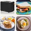 A collage of images showing a black toaster, a sandwich, toast with honey and butter, and avocado toast with an egg. Produktbild-Vorschau