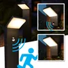 A collage of images showing a black LED outdoor wall light with a motion sensor, demonstrating its illumination and detection capabilities. Produktbild-Vorschau