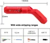A red wire stripper tool with dimensions and a table showing stripping ranges and cable types. Voir les images du produit