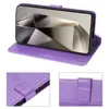 A collage of images showing a purple flip cover case for a Samsung Galaxy S24 Ultra phone, with close-ups of the case's details. Produktbild-Vorschau
