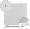 The back of a white electric heater is shown, with two circular insets highlighting details of the product. Voir les images du produit