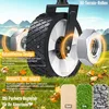 Close-up of a large wheel with text overlays highlighting its features, set against a grassy outdoor background with mountains in the distance. Produktbild-Vorschau