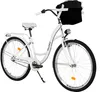 A white Milord Komfort women's bicycle with a black basket is shown against a white background. Produktbild-Vorschau