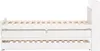 A white wooden bed frame with a slatted base, two drawers underneath, and a pull-out trundle bed. The bed is shown from the side against a white background. Produktbild-Vorschau