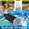 A collage showing different uses of a portable water pump, including washing pets, showering, washing dishes, and watering plants. The pump itself is shown in the foreground, submerged in water with a bucket. Produktbild-Vorschau