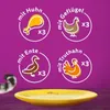 Four circular icons with illustrations of different meats and text indicating flavors, set against a purple background. Produktbild-Vorschau