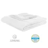 A folded white duvet is shown against a white background, with two circular icons below it. Produktbild-Vorschau
