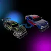 Two remote-controlled car bodies are shown against a gradient background. One is black with green accents, and the other is blue with red accents. Arrows suggest a swap or interchangeable nature. Produktbild-Vorschau