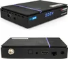 A collage of two images showing the front and back of a black satellite receiver. Produktbild-Vorschau