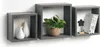 Three grey cube-shaped wall shelves mounted on a white wall, each displaying decorative items. Produktbild-Vorschau