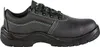 A single black safety shoe with green stitching and laces, shown from the side. Produktbild-Vorschau