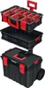 A stacked modular tool storage system with a top organizer, a middle bin, and a bottom rolling toolbox. Voir les images du produit