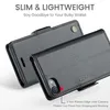 A close-up marketing image of a black leather phone case, showing its slim profile and a raised edge over the camera. Produktbild-Vorschau