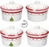 A collage of four images showing a round porcelain cookie jar with a Christmas tree design from different angles, with a 360-degree icon in the center. Anteprima dell’immagine prodotto