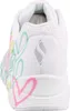 The back view of a white sneaker with colorful heart and swirl graphics. Produktbild-Vorschau