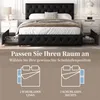 A black upholstered bed with drawers shown in a bedroom setting, with marketing text and diagrams below. Produktbild-Vorschau