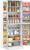 A white pantry cabinet filled with various food items and kitchenware. Produktbild-Vorschau
