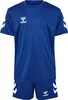 A blue t-shirt and shorts set with white Hummel logos and stripes.