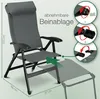 A gray camping chair with an attached footrest and diagrams showing how to attach the footrest. Produktbild-Vorschau