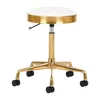A white and gold rolling stool against a white background.