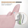 A close-up of a pink velvet chair with an inset diagram showing the ergonomic support for the spine. Produktbild-Vorschau