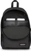 A black Eastpak backpack with a speckled pattern is shown from the front, open to reveal its interior compartments.