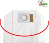 A vacuum cleaner bag with a red curved arrow indicating its shape or flexibility. Produktbild-Vorschau
