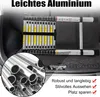 A telescopic ladder is stored in the trunk of a car, with a close-up of aluminum tubes. Voir les images du produit