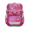 A pink backpack with a geometric pattern, a heart, and a star. Produktbild-Vorschau