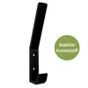 A black coat hook with two mounting holes and a circular green overlay with text. Produktbild-Vorschau