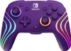 A purple Nintendo Switch Pro controller with colorful wave-like accents and glowing rings around the analog sticks. Produktbild-Vorschau
