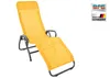 A yellow lounge chair with a gray frame, presented on a white background with branding and country of origin labels. Produktbild-Vorschau