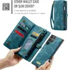 A person is holding a teal wallet case for a smartphone, with the phone detached and shown separately. The wallet case is open, displaying card slots and a zippered compartment. Another wallet case is shown closed and attached to a wrist strap. Produktbild-Vorschau