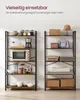 Two industrial-style shelving units are displayed, one filled with kitchen items and the other with accessories and folded textiles. Produktbild-Vorschau
