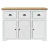 A white and brown wooden sideboard with three drawers and three cabinet doors. Podgląd zdjęcia produktu