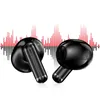 Two black wireless earbuds are shown against a white background with a red and black sound wave graphic behind them. Voir les images du produit