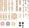 A collection of wooden toy building components, including planks, blocks, bolts, nuts, and gears, arranged on a white background. Náhled obrázku produktu