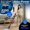 A woman is using a cordless vacuum cleaner in a living room setting, with promotional text and graphics overlaid. Voir les images du produit