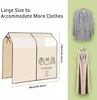 A collage showcasing a garment cover alongside a suit jacket and a dress on hangers. Produktbild-Vorschau