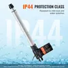 A linear actuator is shown against a light blue background with water droplets and large, translucent numbers indicating IP44 protection. Náhled obrázku produktu