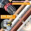 Collage showing a drill/driver and its capabilities on different materials, with text overlays highlighting features. Produktbild-Vorschau