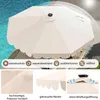 A beige patio umbrella with a solar panel on top, shown next to a swimming pool and on a patio. Produktbild-Vorschau