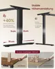 Comparison of two desk legs, one thicker and one thinner, with text highlighting stability differences and a demonstration of desk stability. Produktbild-Vorschau