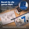 A travel-themed flat lay with a world map, passport, money, and a hair dryer in a clear pouch. Anteprima dell’immagine prodotto