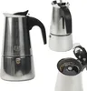 A collage of images showing a stainless steel moka pot coffee maker. One image shows the full coffee maker, another shows a close-up of the top section, and a third shows the coffee basket with coffee grounds. Náhled obrázku produktu