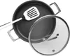 A black pot with a glass lid and a spatula, presented on a white background. Produktbild-Vorschau