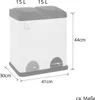 A white and gray dual-compartment trash can with dimensions indicated. Voir les images du produit