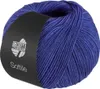 A ball of blue yarn with a black label. Produktbild-Vorschau