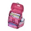 An open pink backpack with school supplies inside, including folders, a pencil case, and a water bottle. Produktbild-Vorschau