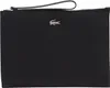 A black clutch bag with a silver crocodile logo.